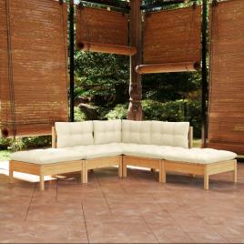 vidaXL 5 pcs conjunto lounge de jardim c/ almofadões cor creme pinho