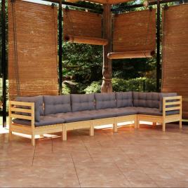 vidaXL 6 pcs conjunto lounge de jardim c/ almofadões cinza pinho