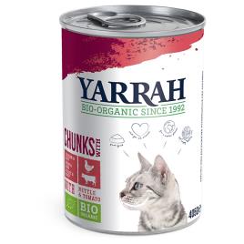 Yarrah Bio pedaços em latas para gatos 6 x 405 g  - Frango e vaca biológicos com urtiga e tomate biológicos