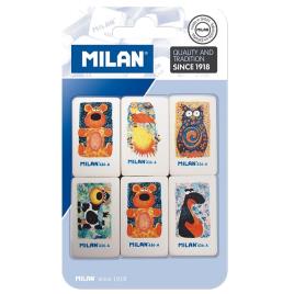 Milan 436A Pack de 6 Gomas de Borrar Rectangulares - Miga de Pan - Caucho Suave Sintetico - Dibujos Infantiles Surtidos - Color