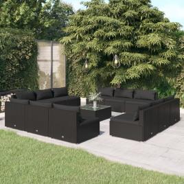 vidaXL 13 pcs conjunto lounge de jardim c/ almofadões vime PE preto