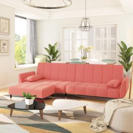 vidaXL Sofá-cama de 2 lugares com banco/2 almofadões veludo rosa