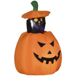 Outsunny Abóbora Insuflável de Halloween com Gato Decoração de Halloween com Luzes LED IP44 2 Infladores 76x64x91-115cm Laranja   Aosom Portugal