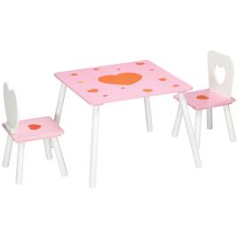 ZONEKIZ Conjunto de Mesa e 2 Cadeiras Infantil de Madeira Mesa Infantil para Crianças Acima de 18 Meses 68x68x47cm e 30x30x51cm Rosa   Aosom Portugal