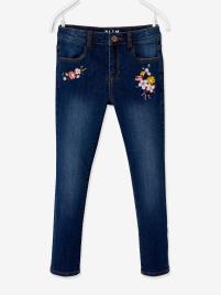 Jeans slim morfológicos, bordados, para menina, medida das ancas LARGA azul escuro liso