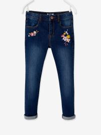 Jeans slim morfológicos, bordados, para menina, medida das ancas LARGA azul escuro liso