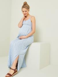 Vestido comprido e estampado, especial gravidez e amamentação azul medio estampado